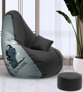 PrintZen 4XL Bean Bag with Beans In Black & Grey with Free Cushion and Footrest