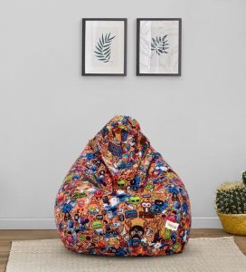Cartoon Print XXXL Fabric Bean Bag with Beans in Orange Colour
