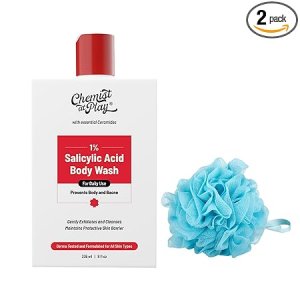 Chemist at Play 1% Salicylic Acid Body Wash 236ml + Loofah | Paraben & SLS Free | Gentle Exfoliating Shower Gel | Prevents Body Acne, Bumpy Skin & Deep Cleanses Skin | For Men & Women