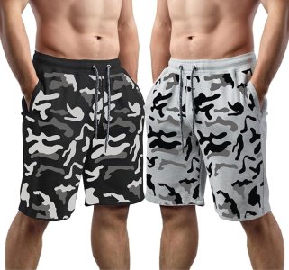 hotfits Men's Black & Grey Cotton Regular Shorts - Workout, Gym, Running, Yoga and Sports Shorts - Camouflage Printed - Pack of 2