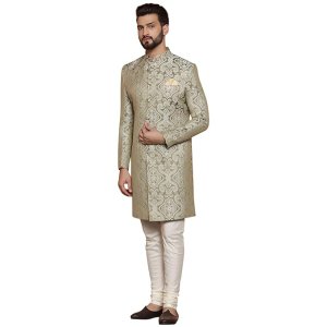 KISAH Men's Ethnic Wear Silk Blend Woven Design Regular Fit Olive Indo Western Sherwani Set