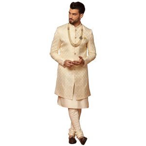 KISAH Men's Cream Indo Western Kurta Sherwani Churidar Set Cotton Full Sleaves, Knee Length, Straight, Regular Fit, Mandarin Collar Ethnic Wear