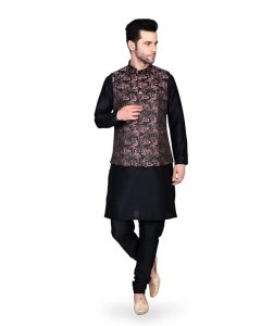 Ethluxis® Men's Silk Blend Kurta Churidar Pyjama with Ethnic Bundi Jacket Set