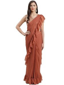 Ahalyaa Womens Rusty Rose Chiffon Ruffled Ready to Wear Saree (AHSRBL-SET-1-XXL)