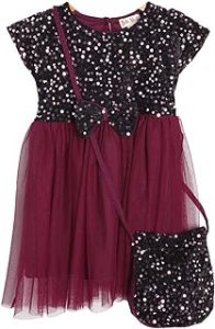 Hopscotch Girl's Cotton Half Sleeves Sequin Party Knee-Length Dress In Maroon Color