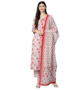 Divena White Floral Printed Kurta Pant Set with Dupatta