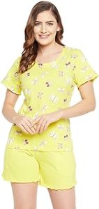 Clovia Women's Cotton Dragonfly Print Top & Basic Shorts Set in Yellow