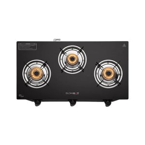 BLOWHOT Ruby 3 Burners Gas Stove Manual Ignition Full Brass Burner,ISI certified, Heavy Black Coated Body - 1 Year General Warranty (Burner, Gas Stove Valve And Glass - 2 Years) - By BLOWHOT