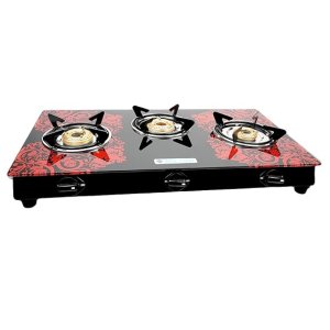 MILTON Premium Red Manual Ignition Glass Top Gas Stove,1-Year Manufacturer's Warranty (ISI Certified) (3 Burner)