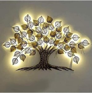 M.S. ART Handcrafted Iron Wall Hanging LED Gold Tree for Home Living Room Wall MSA_01